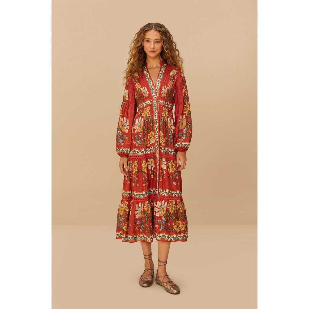 Red Garden Delight Long Sleeve Midi Dress